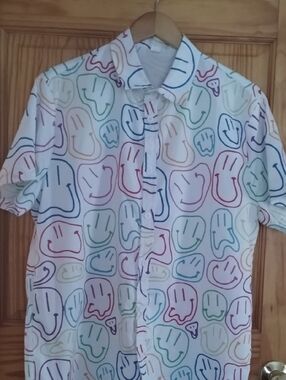 Casual Multicolor Smile Print Short Sleeve Shirt - White